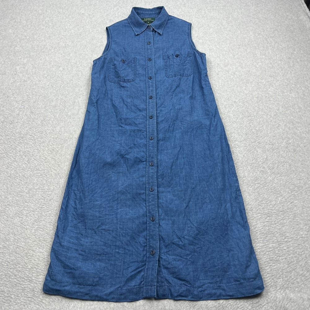 Ralph Lauren Dress Womens 8 Blue 100%‎ Linen Sleeveless Button Front Midi Shirt
